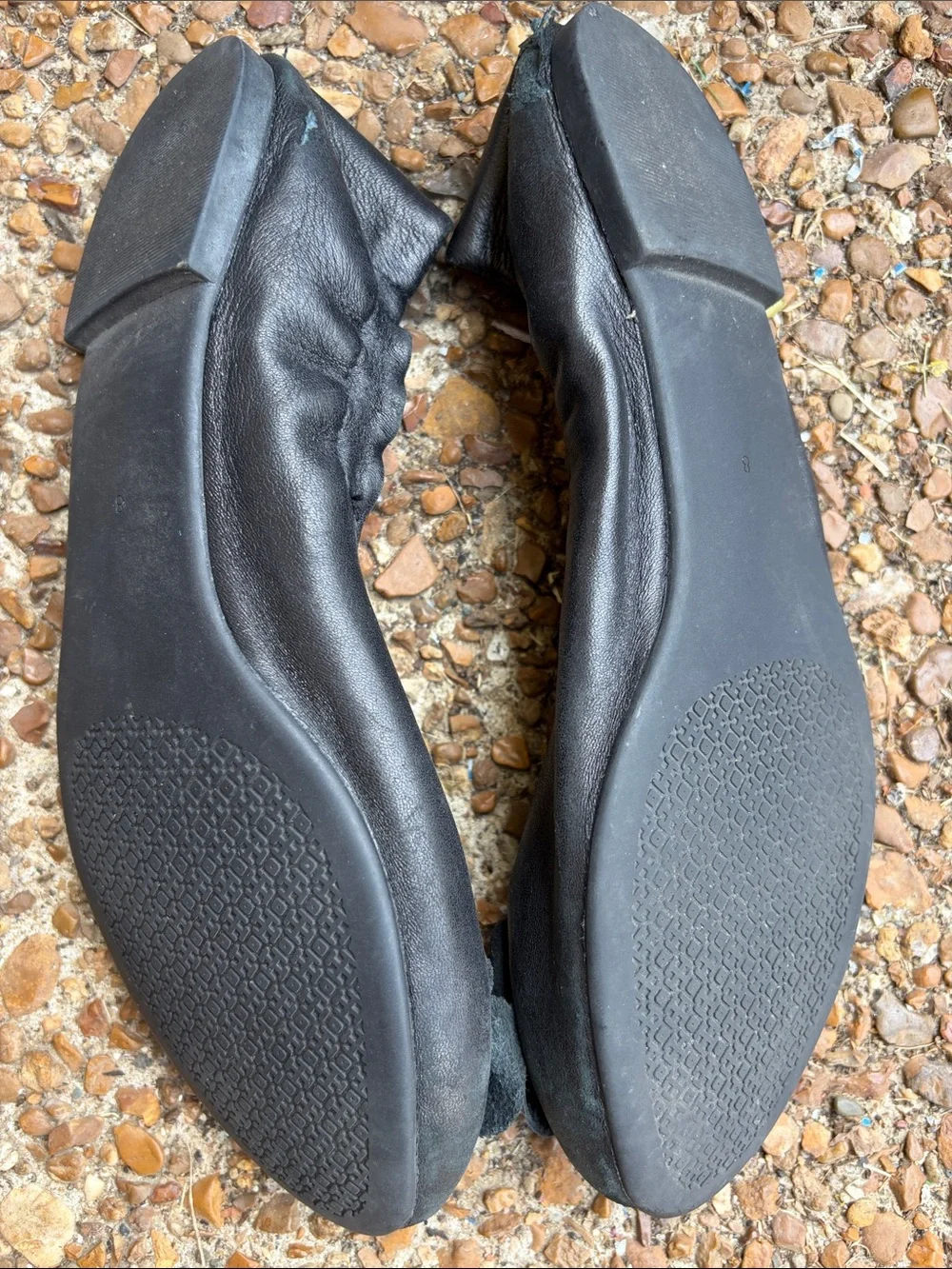 Tory Burch Black Leather Flower Ballet Flats with Logo Accent